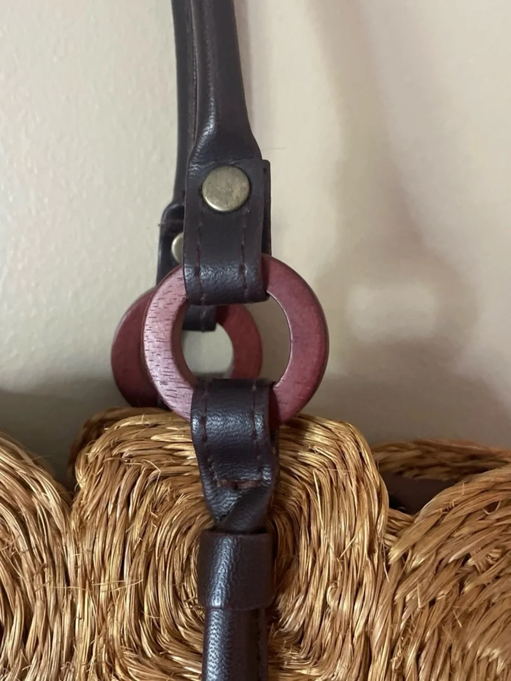 Source Unknown Natural Straw Circle-Tile Tote with Dark Brown Handles